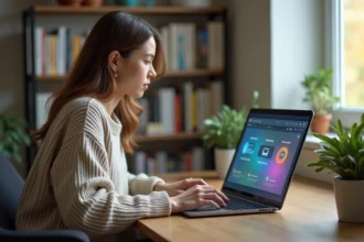 Femme concentrée utilisant un ordinateur avec dashboard IA dans un bureau cosy