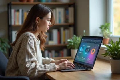 Femme concentrée utilisant un ordinateur avec dashboard IA dans un bureau cosy