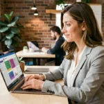 Femme utilisant un outil d'IA marketing sur un ordinateur portable dans un espace de coworking moderne
