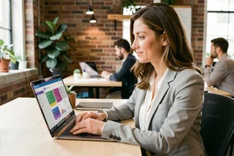 Femme utilisant un outil d'IA marketing sur un ordinateur portable dans un espace de coworking moderne