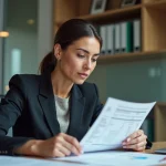 Femme d'affaires examine une fiche de paie dans un bureau français