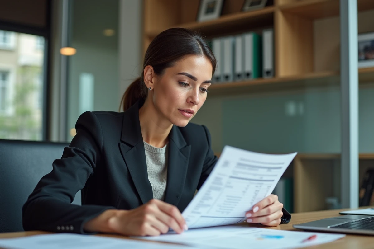 Femme d'affaires examine une fiche de paie dans un bureau français