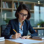 Femme professionnelle en bureau lisant et annotant un document