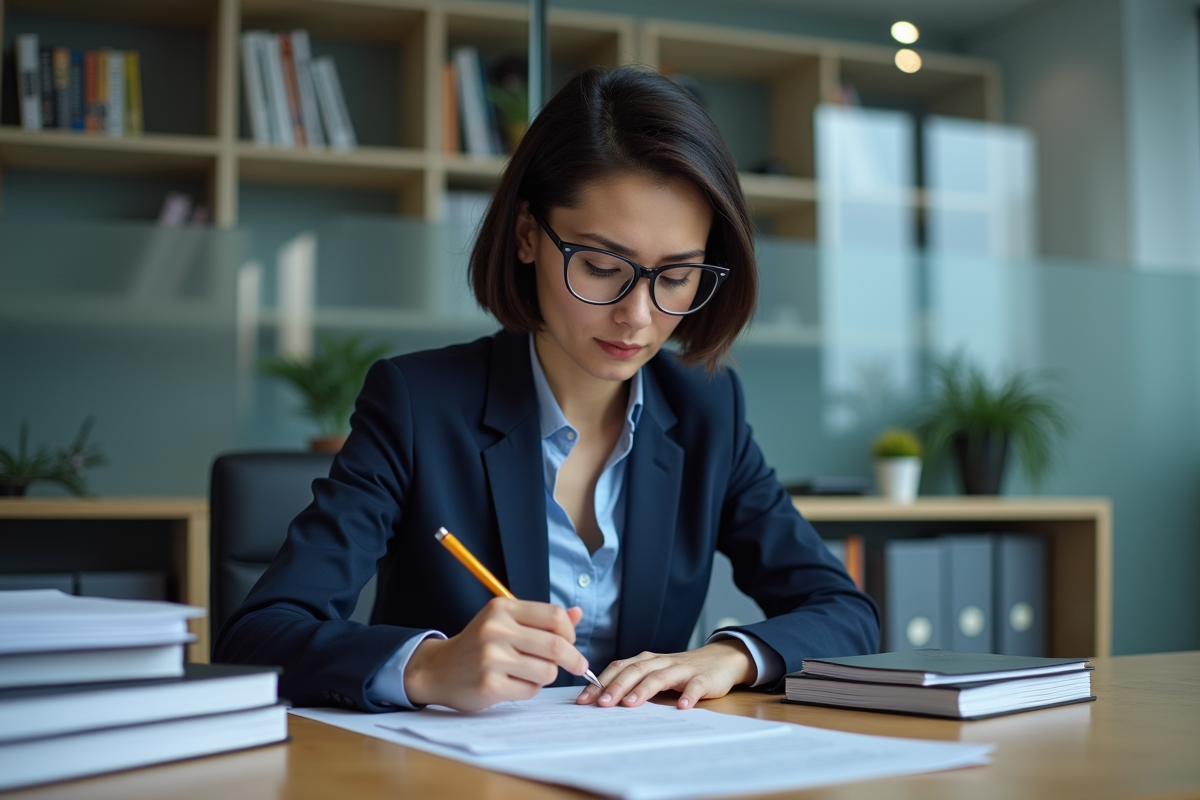 Femme professionnelle en bureau lisant et annotant un document