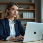 Femme professionnelle au bureau avec verrou sur l'ordinateur