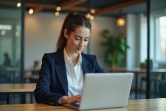 Femme professionnelle travaillant sur un ordinateur dans un espace moderne