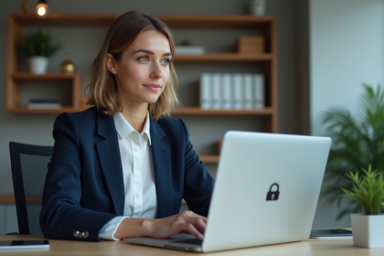 Femme professionnelle au bureau avec verrou sur l'ordinateur