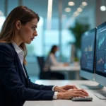 Femme professionnelle consultant des informations d'entreprise sur Nexterprise fr dans un bureau moderne