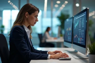 Femme professionnelle consultant des informations d'entreprise sur Nexterprise fr dans un bureau moderne