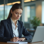 Femme professionnelle en blazer analysant des données sur un ordinateur
