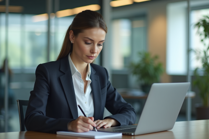 Femme professionnelle en blazer analysant des données sur un ordinateur