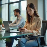 Jeune femme professionnelle utilisant le GTM Extranet sur son smartphone