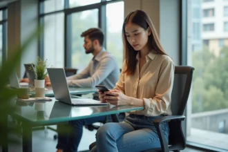 Jeune femme professionnelle utilisant le GTM Extranet sur son smartphone