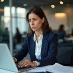 Femme professionnelle lisant son profil LinkedIn avec une expression perplexe dans un bureau moderne, illustrant un titre de profil mal optimisé