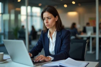 Femme professionnelle lisant son profil LinkedIn avec une expression perplexe dans un bureau moderne, illustrant un titre de profil mal optimisé