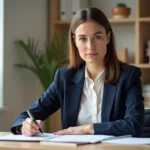 Femme professionnelle rédigeant une lettre de remerciements manuscrite à son bureau à domicile