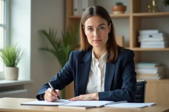 Femme professionnelle rédigeant une lettre de remerciements manuscrite à son bureau à domicile