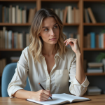Femme pensante en intérieur avec livres et plantes