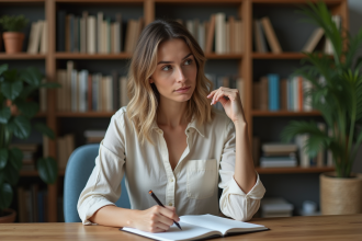 Femme pensante en intérieur avec livres et plantes