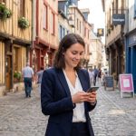 Femme élégante vérifiant son smartphone dans Troyes