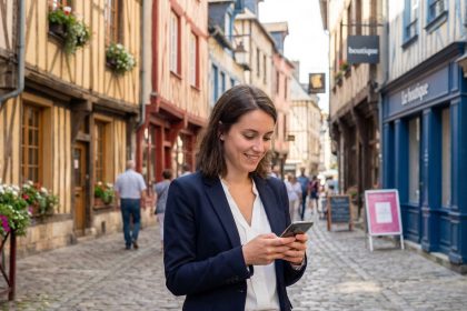 Femme élégante vérifiant son smartphone dans Troyes