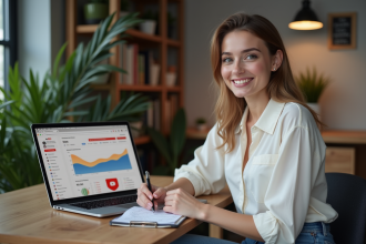 Jeune femme planifiant une campagne YouTube dans son bureau