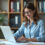Jeune femme au bureau à domicile en blouse bleue
