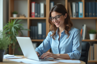 Jeune femme au bureau à domicile en blouse bleue