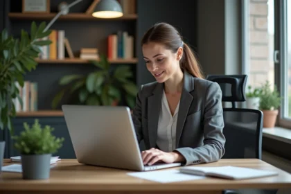 Femme en tenue professionnelle travaillant sur un ordinateur dans un bureau à domicile