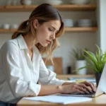 Femme française concentrée sur son ordinateur dans une cuisine moderne