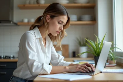 Femme française concentrée sur son ordinateur dans une cuisine moderne