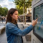 Jeune femme en denim utilisant un smartphone dans une place urbaine