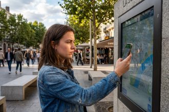 Jeune femme en denim utilisant un smartphone dans une place urbaine