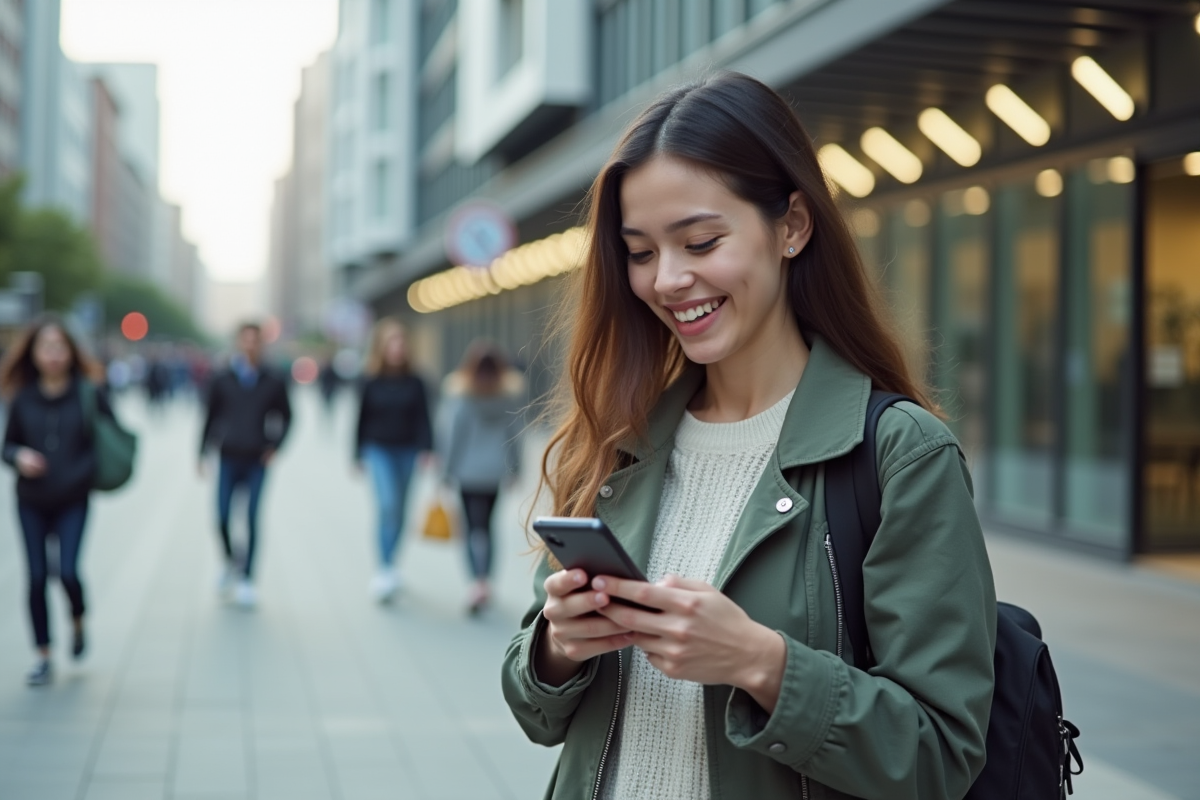 Jeune femme souriante regardant son téléphone dans la ville