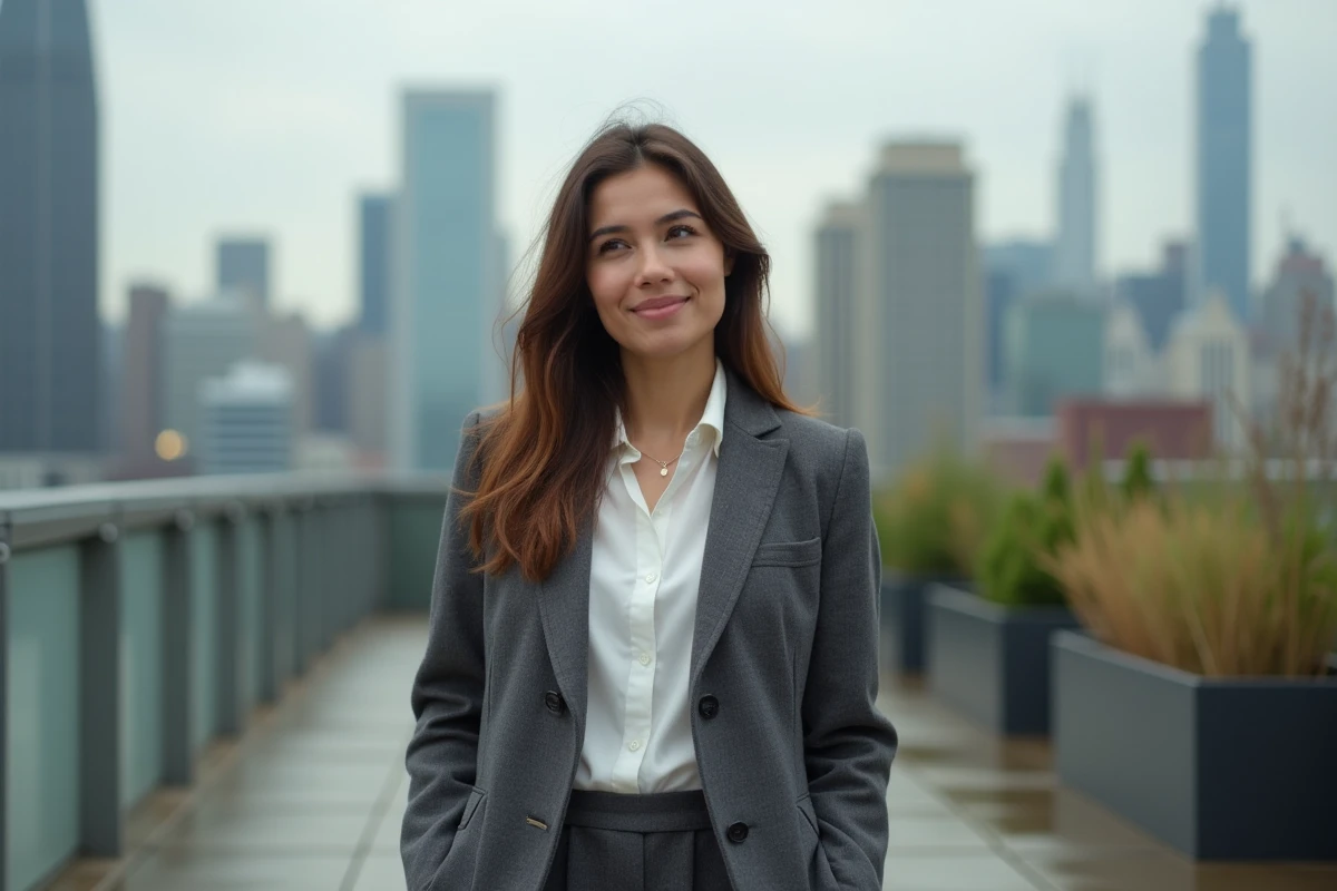 Jeune femme confiante sur une terrasse urbaine avec skyline