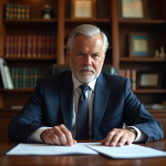 Homme officiel en costume bleu lisant des documents officiels