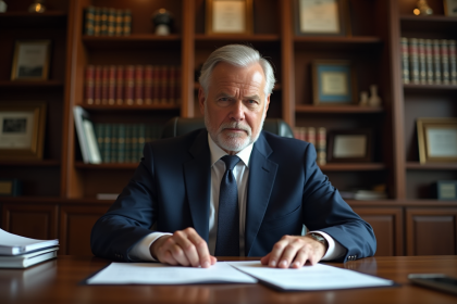 Homme officiel en costume bleu lisant des documents officiels