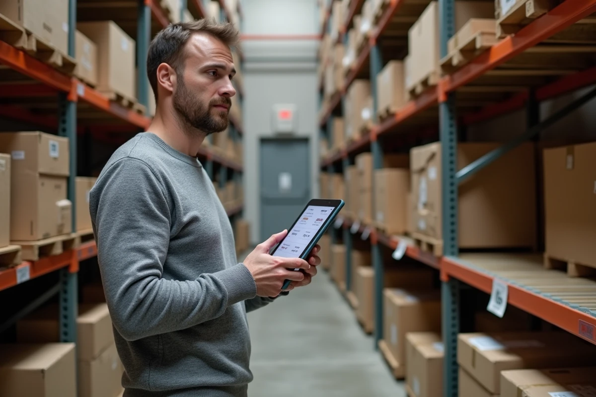Gérant de PME consultant le suivi de colis Chronopost sur tablette dans un entrepôt de stockage