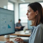 Femme professionnelle consultant un tableau de bord de gestion de contrats et abonnements sur ordinateur dans un bureau moderne