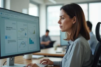 Femme professionnelle consultant un tableau de bord de gestion de contrats et abonnements sur ordinateur dans un bureau moderne