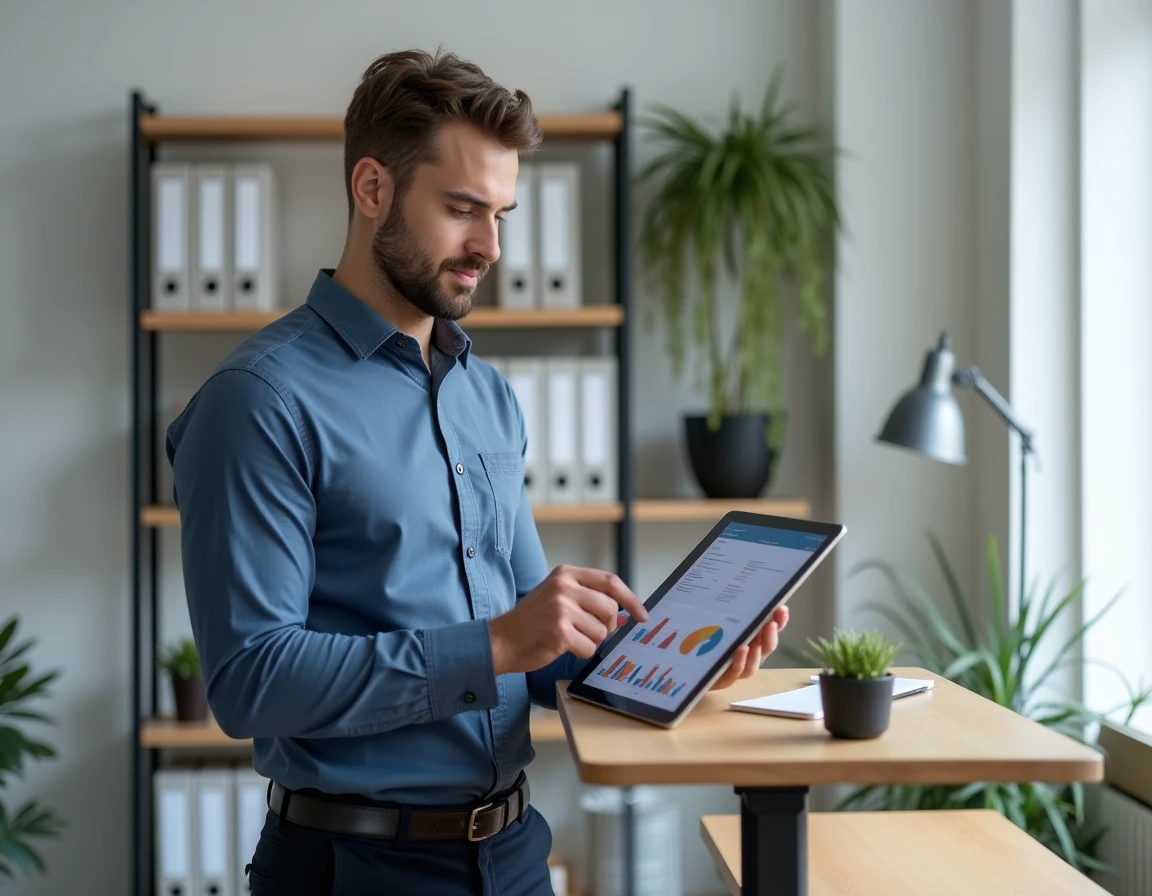 Professionnel RH utilisant une tablette pour gérer la dématérialisation des documents administratifs au bureau