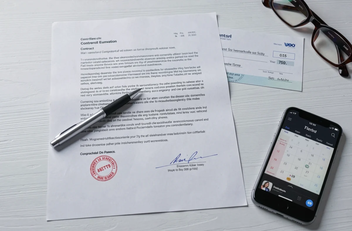 Gros plan d'un devis signé avec acompte et stylo sur un bureau, symbolisant le droit de rétractation