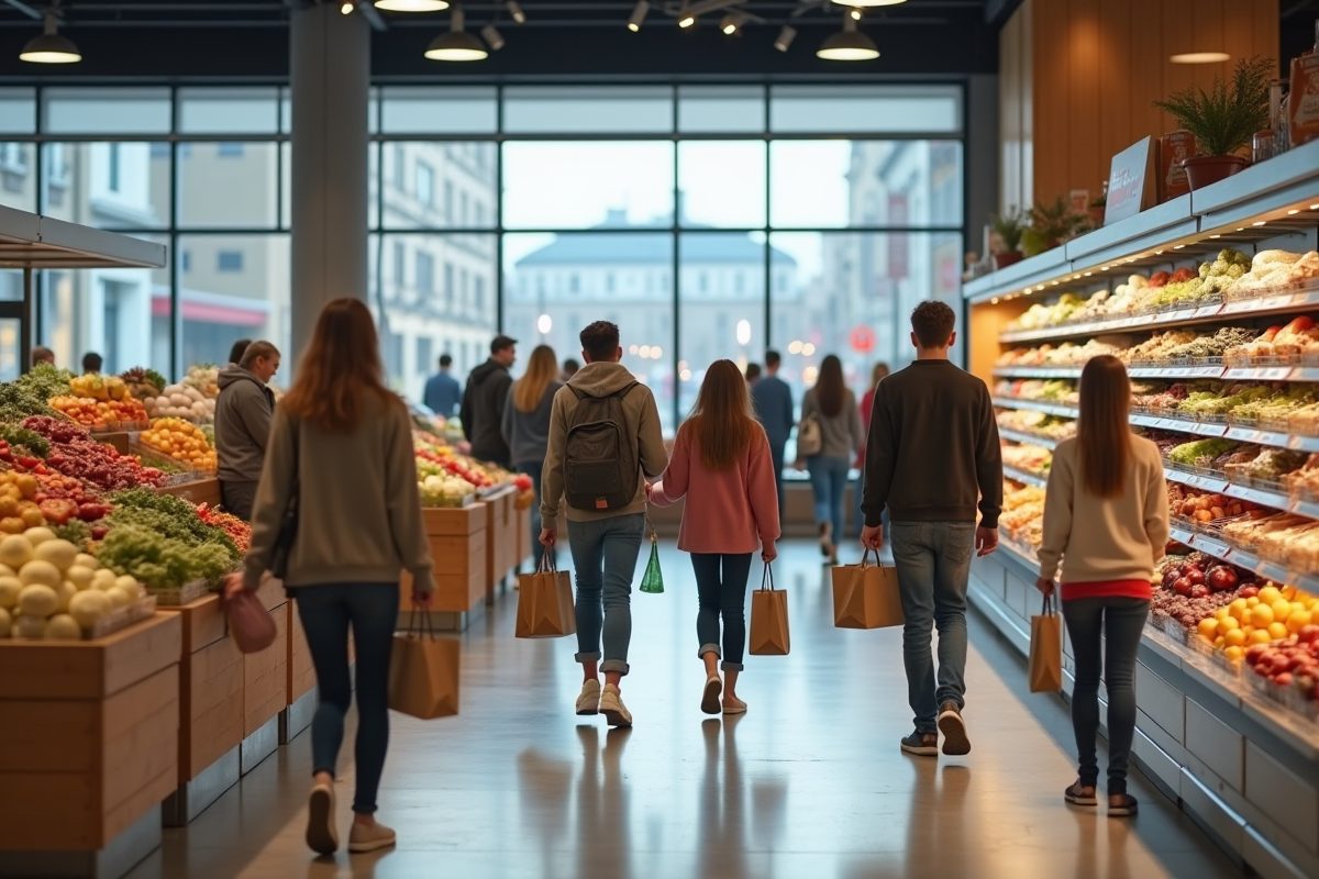 Groupe de jeunes et familles faisant leurs courses dans un supermarche moderne