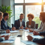 Groupe de collègues en réunion dans un bureau lumineux