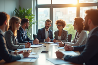 Groupe de collègues en réunion dans un bureau lumineux