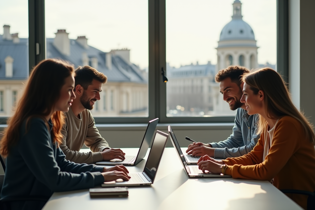 Groupe de jeunes adultes collaborant dans un bureau parisien lumineux