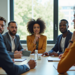 Groupe de personnes au bureau faisant signe de silence