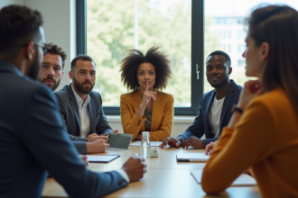 Groupe de personnes au bureau faisant signe de silence