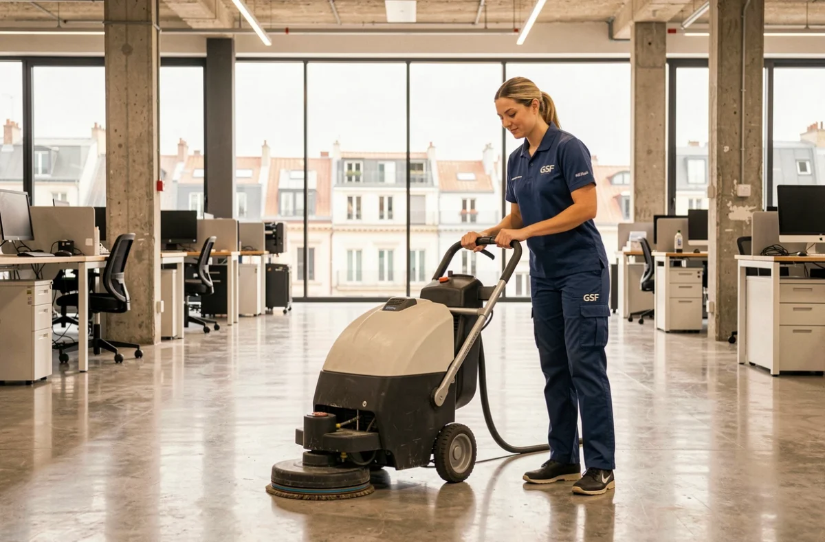 Professionnelle GSF Mercure utilisant une autolaveuse dans un open space moderne à Lyon