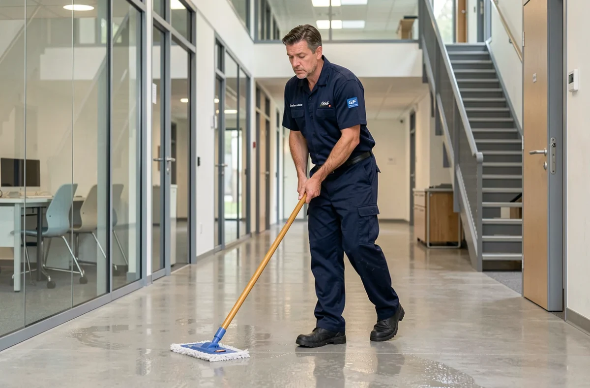 Technicien GSF Orion effectuant le nettoyage courant des couloirs d'un bâtiment à Saint-Martin-le-Vinoux